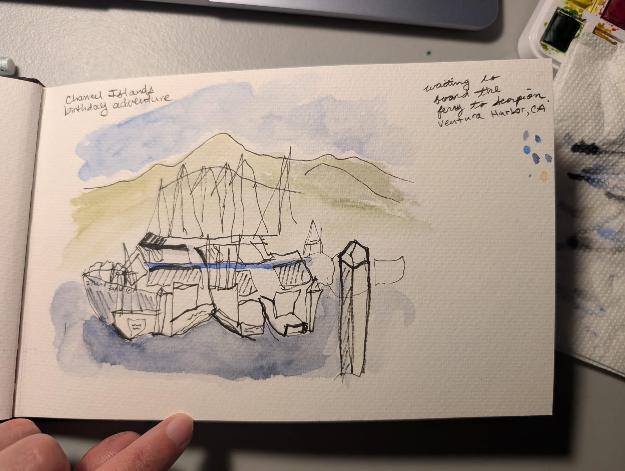 a loose ink and watercolor sketch of a ferry docked in a marina