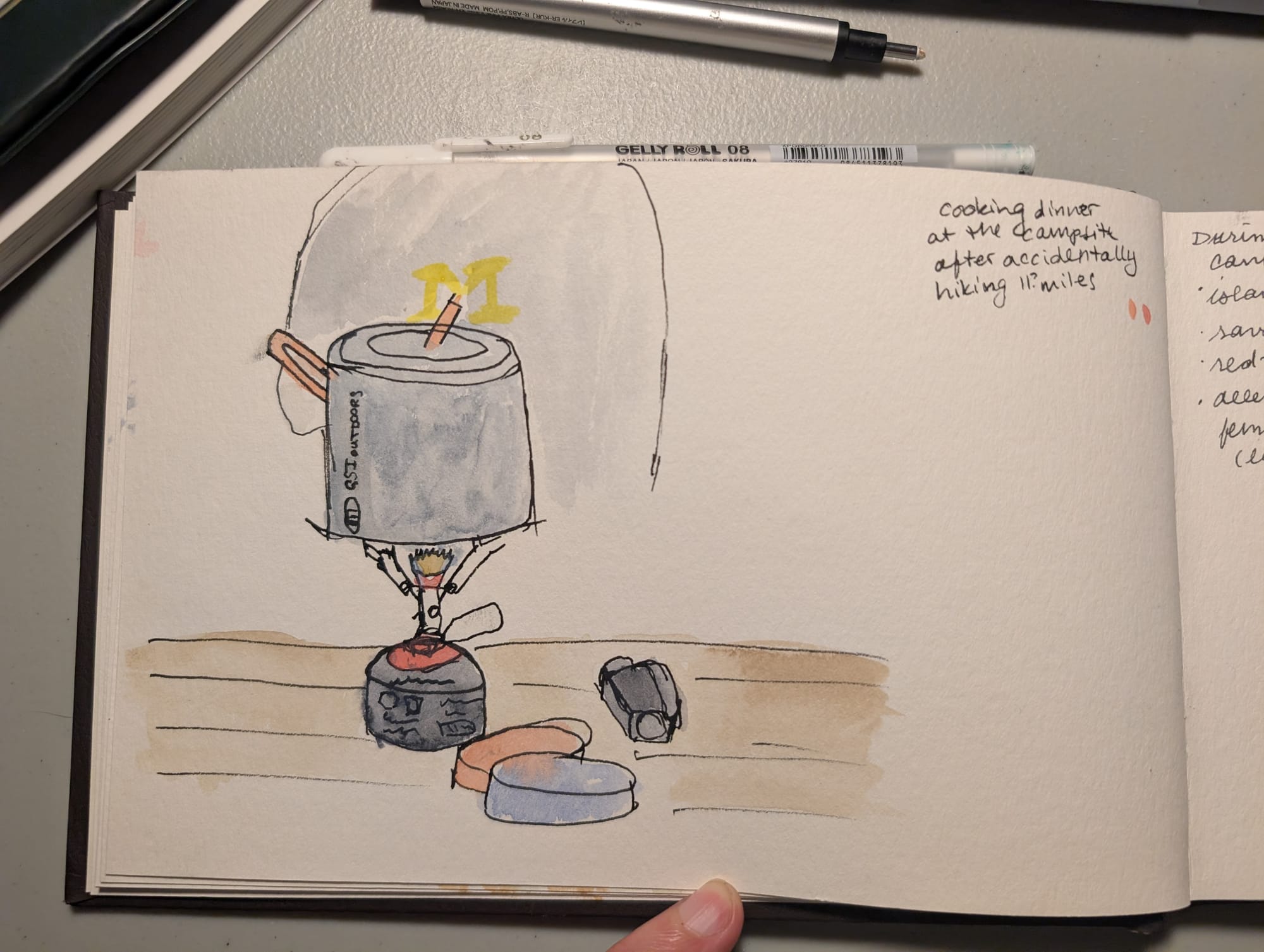an ink and watercolor sketch of a pot on a camp stove, two bowls, and a thermal scope on a picnic table